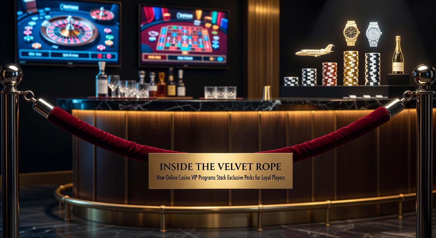 Illustration of an exclusive online casino VIP lounge with velvet ropes and high-roller perks glowing in luxury light