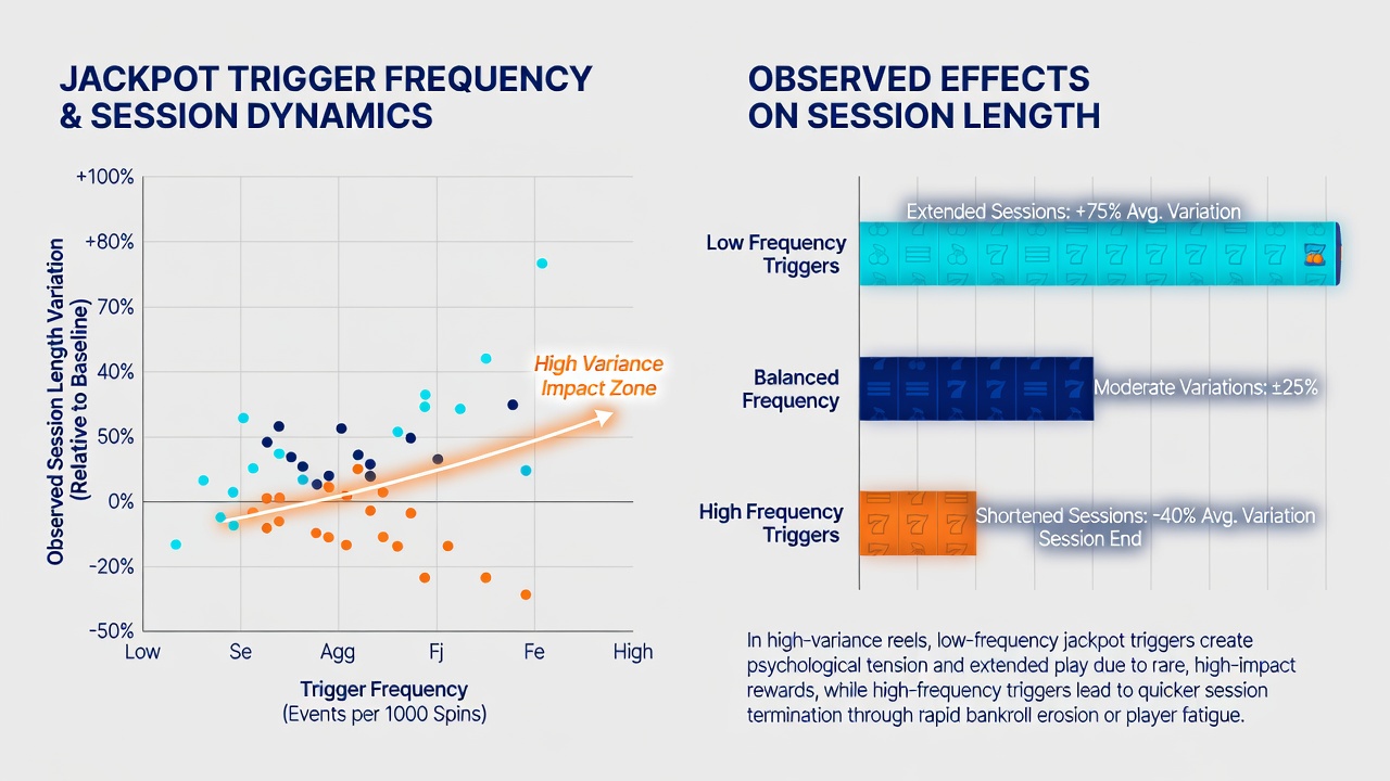 Analytical charts showing session length distributions linked to jackpot trigger rates in high variance slots