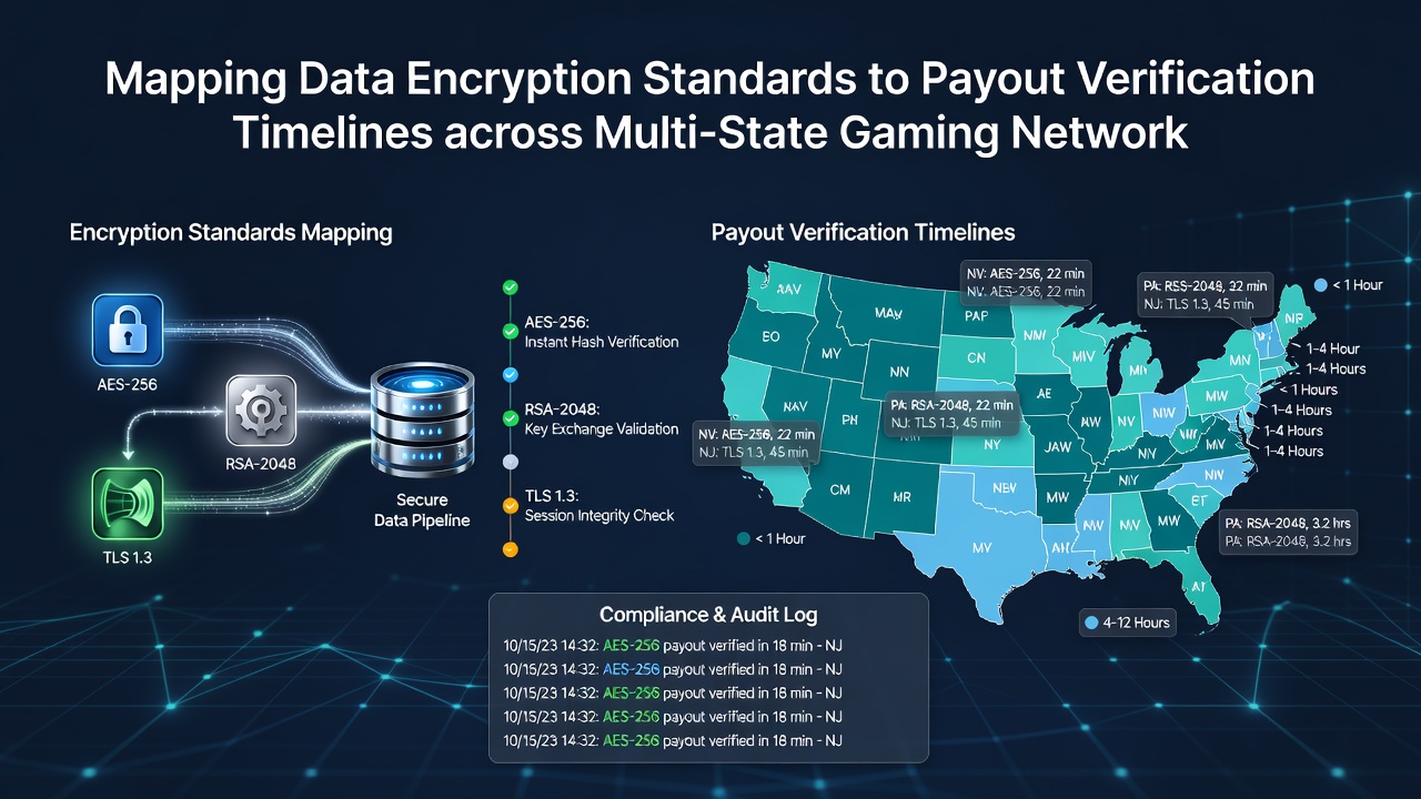 Flowchart showing encryption-to-verification mapping across state gaming network nodes