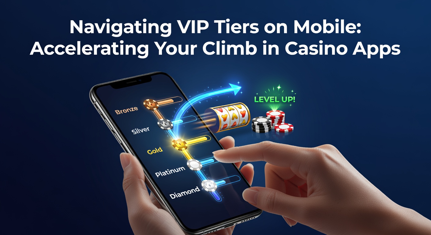 Smartphone screen displaying a mobile casino app VIP tier progression dashboard with glowing tier levels and reward notifications