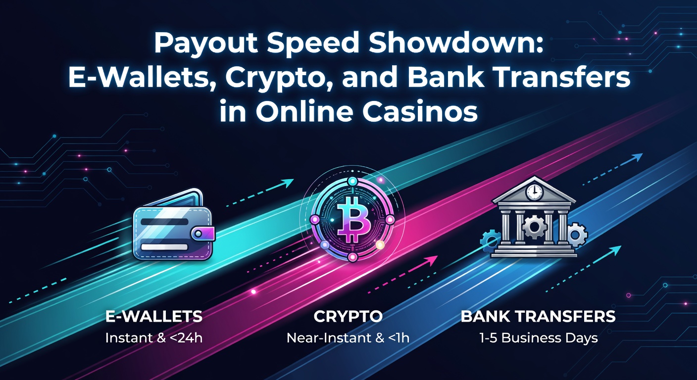 Illustration comparing payout methods with clocks and speed lines for e-wallets, crypto, and bank transfers in online casino settings