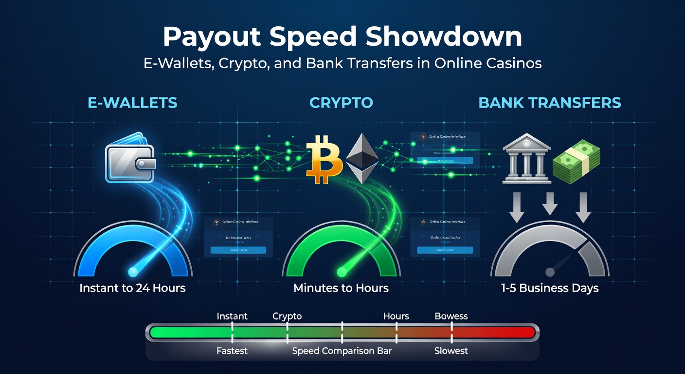 Graph showing average payout times for e-wallets, crypto, and bank transfers with bars highlighting crypto's edge in speed