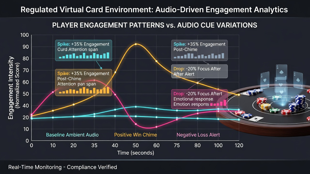 Data visualization dashboard displaying engagement metrics and audio cue impact charts from regulated virtual card gaming platforms