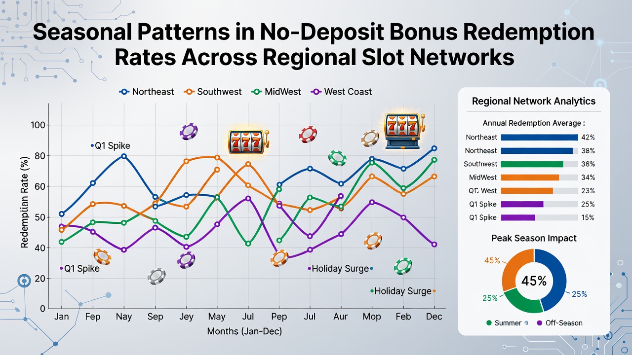 Chart displaying seasonal fluctuations in no-deposit bonus redemptions across multiple regional slot networks from 2023 to 2026