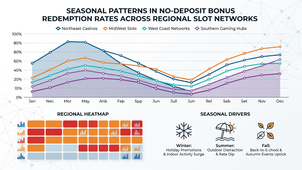 Regional map overlay with bar graphs illustrating summer versus winter redemption percentages for slot networks in North America and Europe