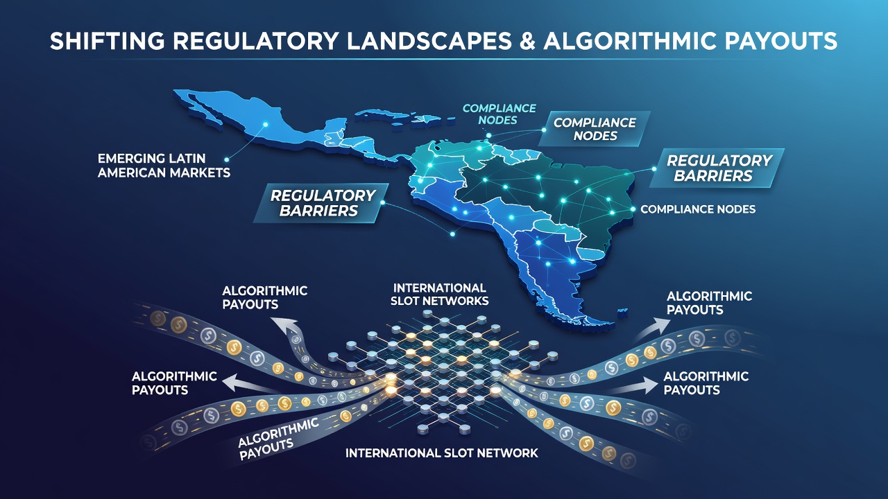 Regulatory documents and slot machine interfaces overlaid on a map of Latin America showing market connections