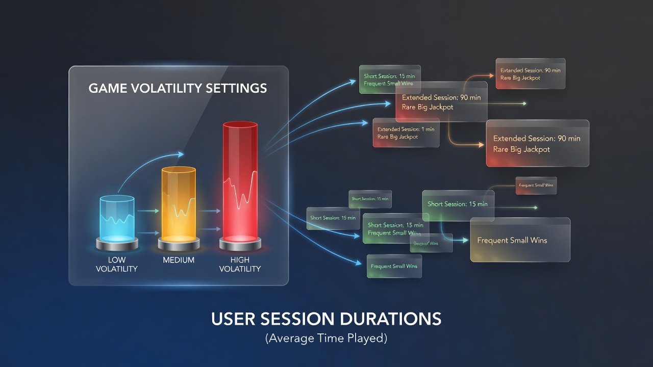 Virtual slot machine interface displaying volatility settings and session analytics on a digital screen