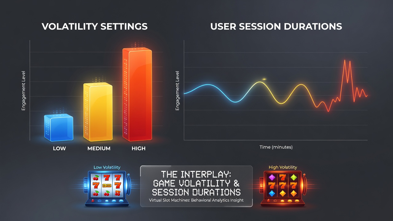 Analytics dashboard showing session duration graphs alongside volatility categories for virtual slot games