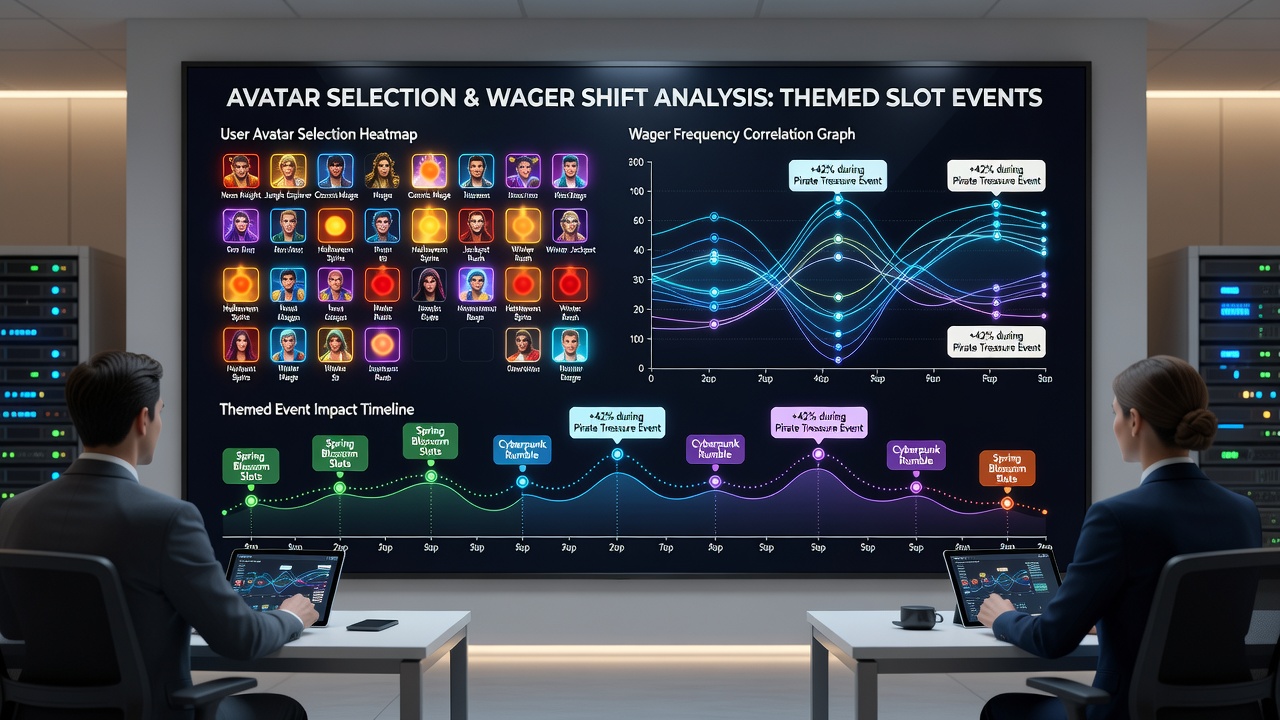 Analytics dashboard displaying wager frequency graphs overlaid with avatar selection data from themed slot sessions