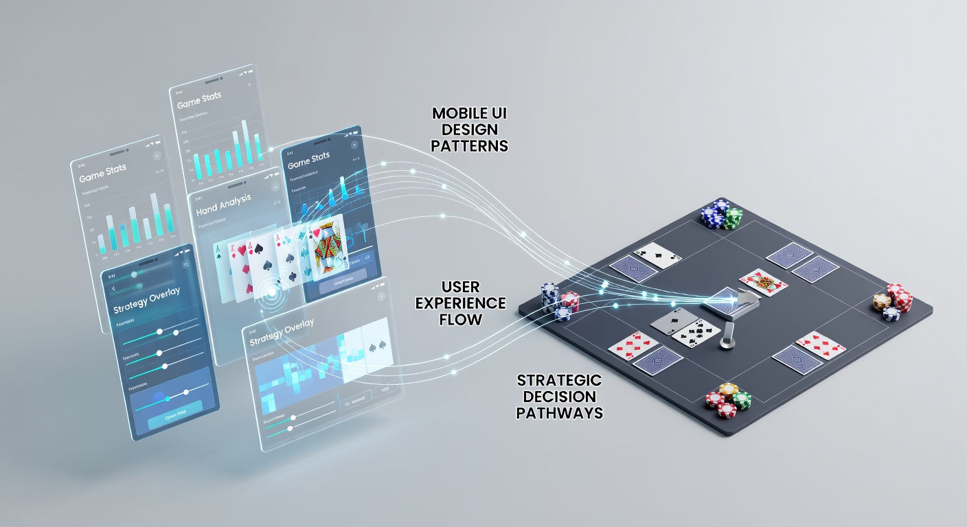 Mobile card game interface showing poker table layout with decision buttons and player statistics overlay