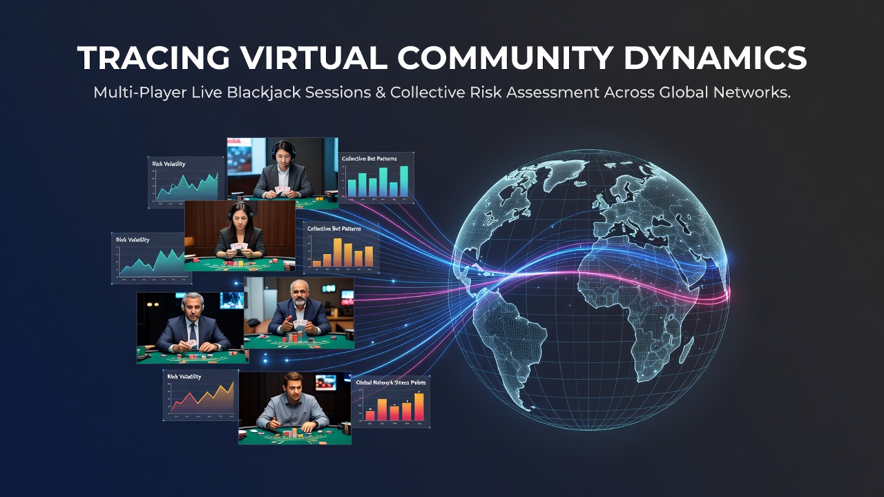 Virtual blackjack table showing multiple player avatars connected across global networks with shared decision indicators